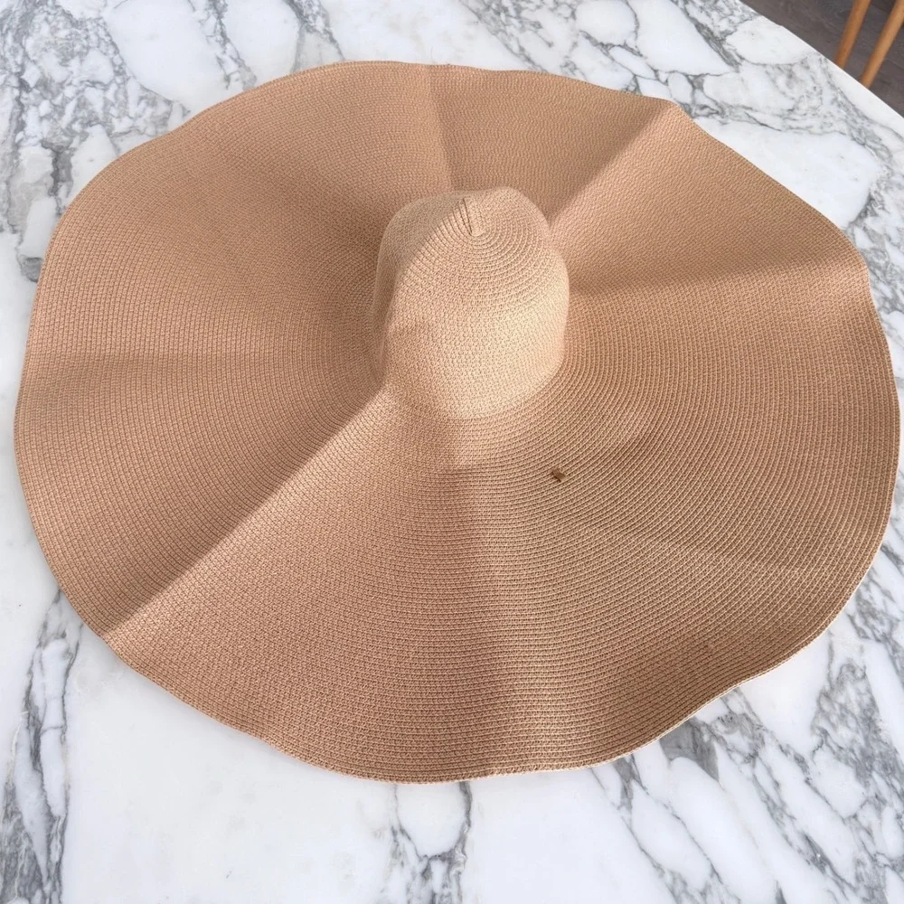 Oversized Wide Brim Floppy Sun Hat Tan Woven Straw Beach Resort Glamour